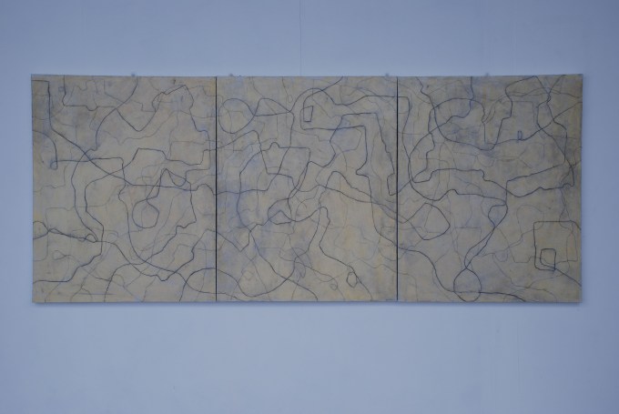 Between the beginning and the end there is only uncertainty. Oil and charcoal on canvas, 127 x304 cms. 2007.